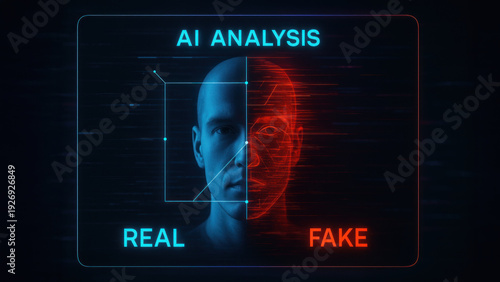 AI analysis deepfake detection ai analysis of human face split between real and fake with diagnostic overlay and emotional tension