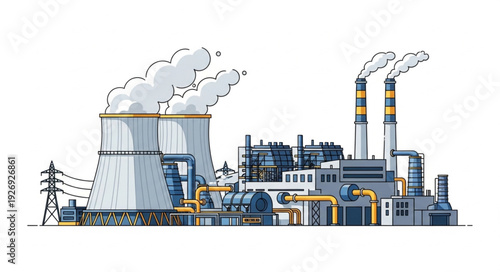 Illustration of a large industrial power plant with cooling towers and smokestacks.