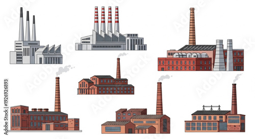 Various industrial factories with tall chimneys emitting smoke into the atmosphere, representing pollution.