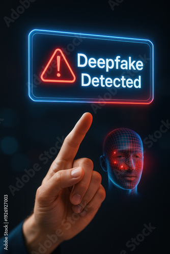 Deepfake detection ai analysis warns of manipulated face using neural tools and alert sign conveying urgent verification need