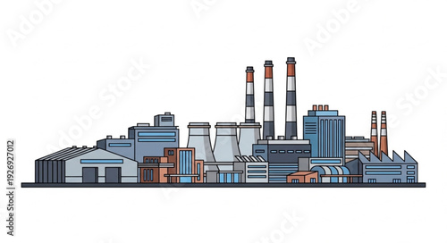 Industrial complex with towering smokestacks and various buildings, a detailed illustration.