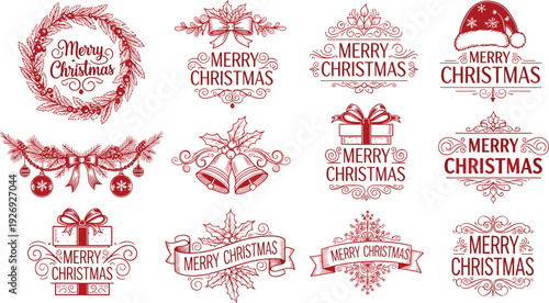Merry Christmas vintage label set with decorative holiday wreaths, ornate filigree frames, festive bells, holly berries, Santa hats, and elegant winter celebration ribbons.