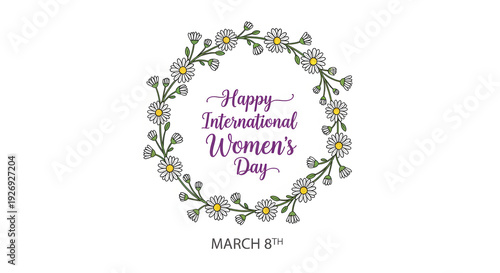 Elegant Daisy Flower Wreath International Women’s Day Greeting with Minimalist White Bokeh Background