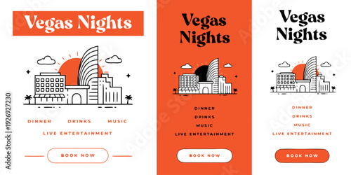 Minimal Skyline Outline SVG “Vegas Nights” Set – Modern Las Vegas Vector Banner, Card, Flyer Design with Clean Line Art, Night City Silhouette & Urban Aesthetic