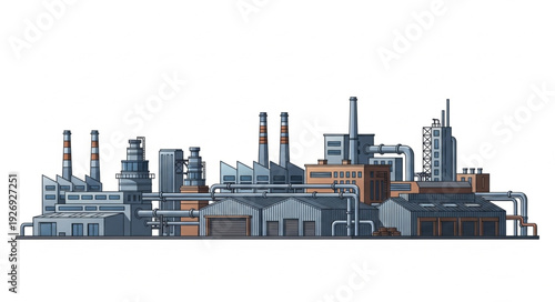 Detailed illustration of an industrial complex with various buildings and structures.