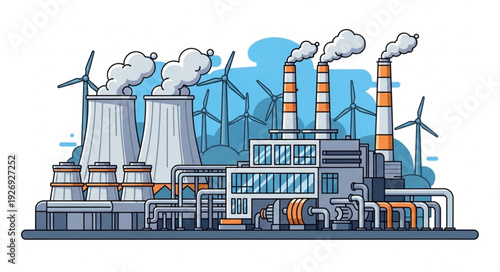 Industrial complex with wind turbines and cooling towers generating power.
