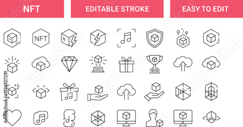 NFT and blockchain technology line icon set with editable strokes featuring digital art crypto assets smart contracts and decentralized finance symbols.