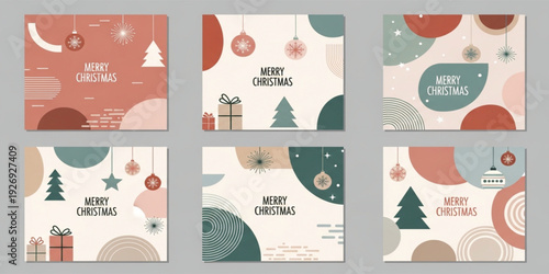 Merry Christmas Minimalist Card Collection with Abstract Shapes, Christmas Tree, Gifts and Ornaments for Holiday Greeting, Social Media Post and Banner Vector Set