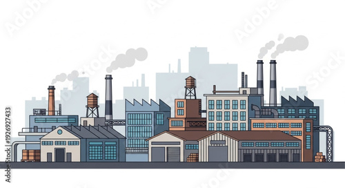 Industrial complex with factories and smokestacks emitting pollution into the air.
