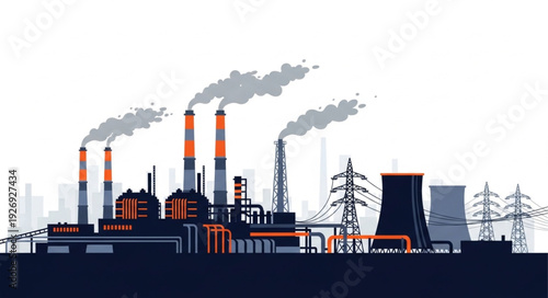 Industrial complex illustration depicting factories and power plants with smokestacks emitting pollution.