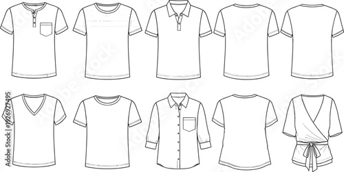 Set of blank white t-shirt and shirt templates including polo v-neck button-down and wrap top outlines for fashion design technical sketches and apparel mockups.