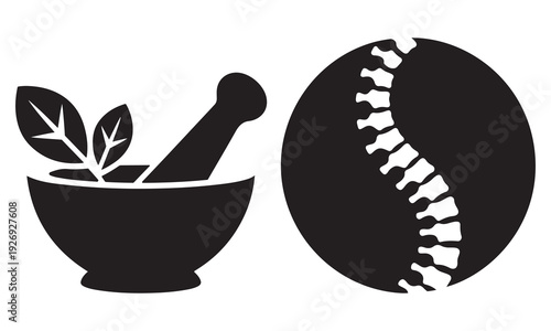 Mortar and Pestle with Leaves and Spinal Column Icon Representing Holistic Healthcare and Chiropractic Medicine