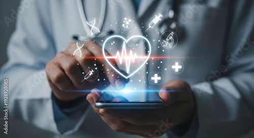 Wallpaper Mural Healthcare Diagnosis Interface Floating Above Smartphone With Focused Medical Icons Concept Torontodigital.ca