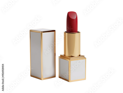 A luxurious lipstick, with a vibrant red hue, is displayed with its golden and white casing