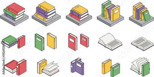 Set of isometric colorful book illustrations including stacked hardcovers open textbooks and library volumes isolated on white background for education publishing and reading concepts.