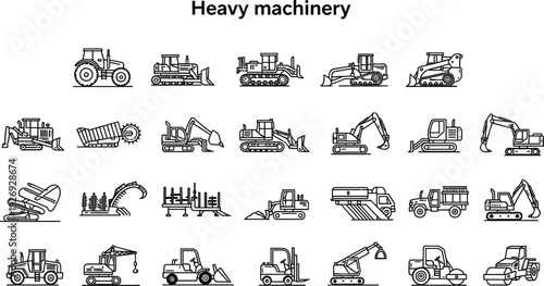 Heavy Machinery Outline Icon Set Vector Illustration Featuring Construction Equipment Bulldozer Excavator Crane Tractor and Industrial Vehicles Collection