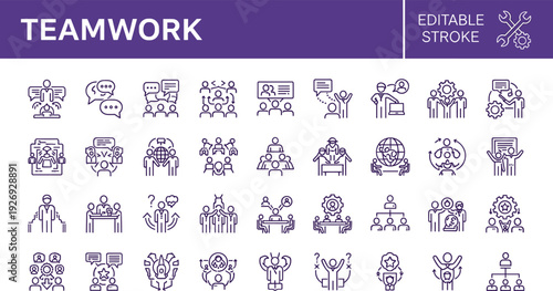 Teamwork and business collaboration line icon set with leadership symbols, group brainstorming, meeting sessions, corporate hierarchy, global networking, and partnership strategy elements.