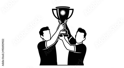 Trophy vector illustration of two people celebrating victory and holding up a championship award in a triumphant gesture of success and achievement