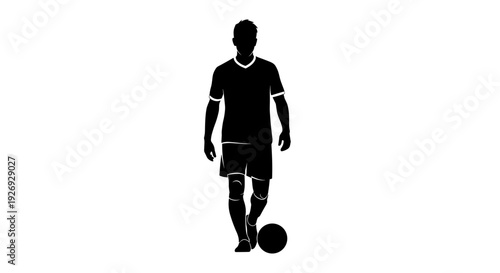 Silhouette of a soccer player dribbling a ball in a vector illustration from a front viewpoint