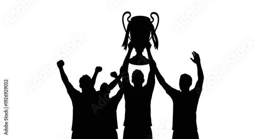 Vector illustration of people lifting trophy together in triumph and celebration from a low angle viewpoint