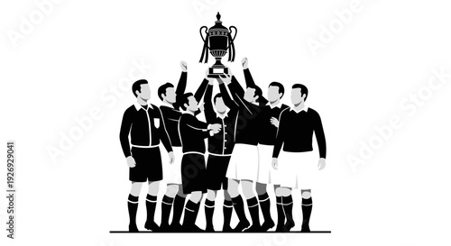 Triumphant rugby players lifting trophy aloft in a vector illustration celebrating victory and teamwork on the sports field from a low-angle viewpoint