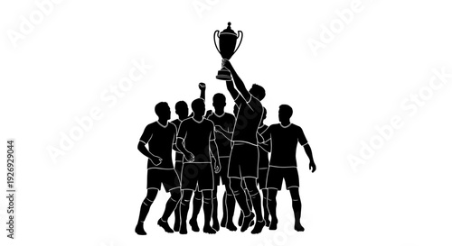 Black and white vector illustration of a sports team celebrating with a trophy, symbolizing victory and achievement in competitive sports, a visual representation of success