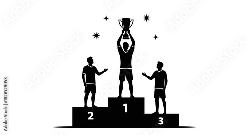 Vector illustration of three athletes standing on a podium with the winner holding a trophy aloft surrounded by stars, a celebratory scene from a low angle.