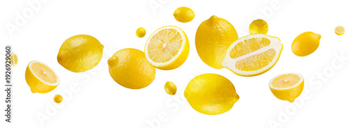 Bild auf Leinwand Whole and halved lemons fly through space, forming a loop-like figure