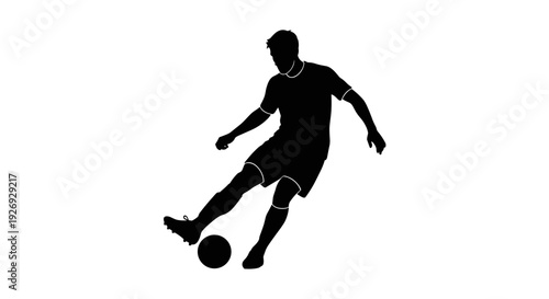 Dynamic vector illustration of a soccer player silhouette, powerfully kicking a football. Ideal for sports promotions, athletic branding, and competitive designs, isolated on white