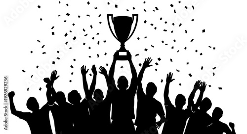 Illustration vector of a team celebrating a victory, hoisting a trophy into the air with confetti falling, symbolizing success and achievement in sports or competition