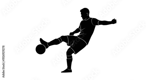 Silhouette of a soccer player kicking a ball in a dynamic action pose, vector graphic illustration for sports and fitness