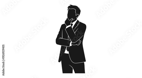 Elegant vector silhouette of a businessman in deep thought, contemplating future strategies and problem-solving, symbolizing professional insight and critical decision-making