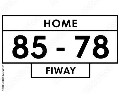 Minimalist Sports Scoreboard Vector Illustration Featuring Home Team Score 85 to 78 with Fiway Text, Clean Black and White Digital Graphic Design for Basketball or Competition Concepts 