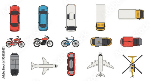 Collection of various vehicles from a top-down perspective, showcasing diverse transportation methods.