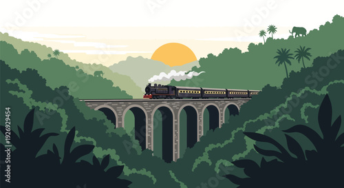 A vintage steam train travels across an old stone arch bridge through a lush green jungle landscape at sunset with an elephant in the distance.