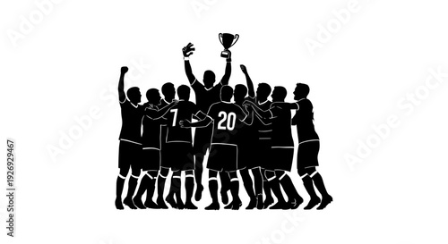 Illustration vector of a soccer team celebrating their victory with a trophy, black and white graphic on a white background