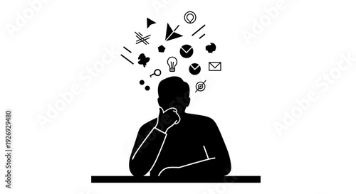 Vector illustration of a thoughtful individual generating ideas, representing creative brainstorming, strategic thinking, and innovative problem-solving concepts