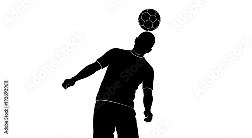 Black silhouette of a male soccer player heading a ball in a dynamic pose, professional sport vector illustration on white background