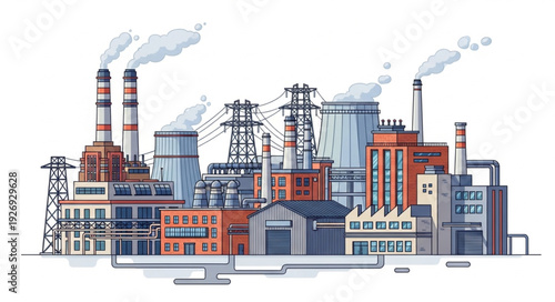 Industrial complex with multiple buildings, chimneys, and power lines, a detailed illustration.