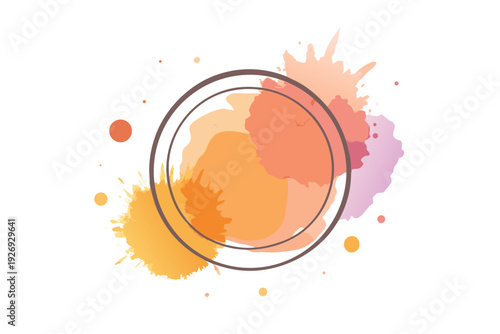 Overlapping concentric rings are surrounded by vibrant, expressive watercolor splatters and colorful dots on a pristine white background, showcasing artistic fluidity.