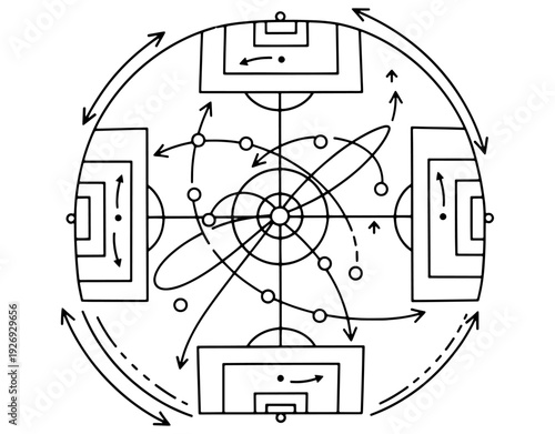 Abstract Soccer Tactical Strategy Diagram with Circular Field Design, Football Playbook Scheme Featuring Movement Arrows and Positioning, Black and White Vector Coaching Illustration