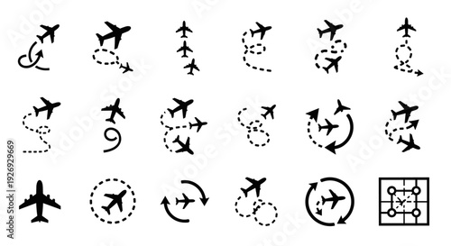 Set of vector icons representing airplanes in different flight paths and trajectories, perfect for travel and aviation themes, graphic design elements