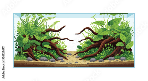 A beautifully designed aquascape layout inside a glass aquarium, featuring lush green plants, natural driftwood, and rocks.