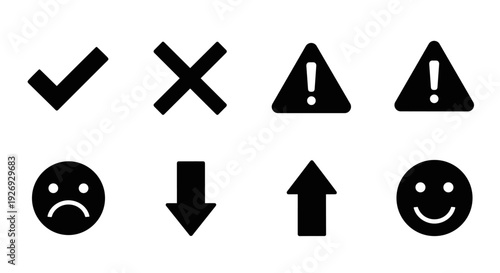 A collection of vector icons representing a variety of symbols including checkmarks, crosses, warning signs, arrows, and emojis, ideal for digital design and user interfaces