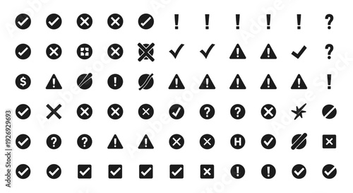 Extensive vector icon set for digital interfaces, encompassing checkmarks, warning signs, crosses, and question marks, perfect for web and application design
