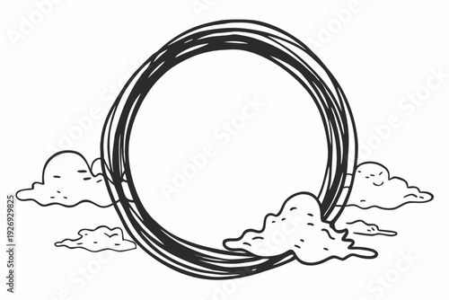 A uniquely hand-drawn scribbled circle frame is playfully surrounded by simple outline clouds on a pristine white background, offering copy space.
