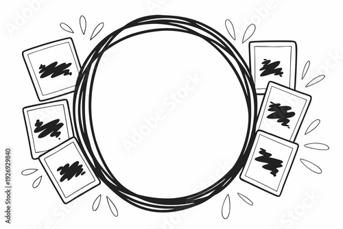 A playful hand-drawn black doodle circle prominently serves as a central frame, surrounded by several small, simple instant photo borders and decorative leaf-like elements.