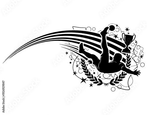 Dynamic Soccer Player Silhouette Performing Overhead Bicycle Kick with Trophy and Laurel Wreath Elements, Black and White Football Championship Graphic Illustration for Sport Design