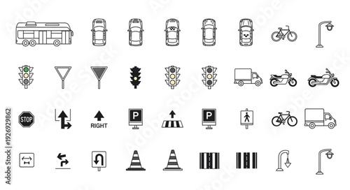 Collection of various transportation and road signs in a monochrome style.