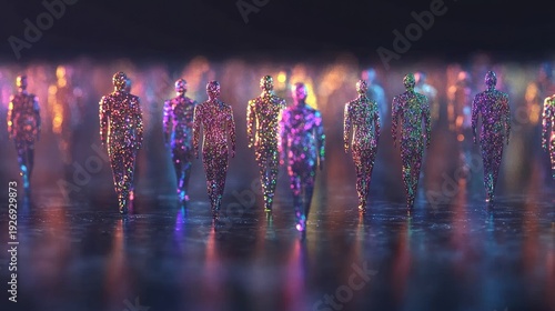 Sparkling Human Figures: Abstract Crowd Walking in Colorful Light